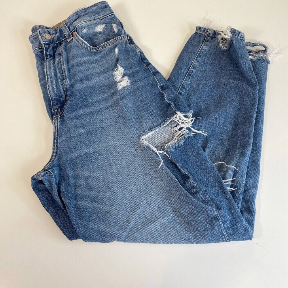 H&M Loose Ankle Mom Jeans Womens Size 6 Blue Ultra High Waist Distressed Denim